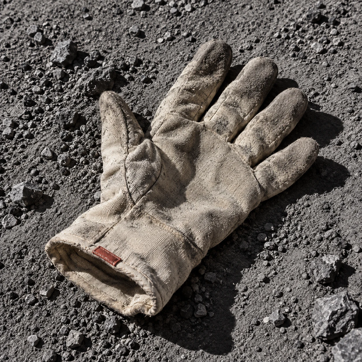 A worn glove with a red wrist tab on the lunar surface.